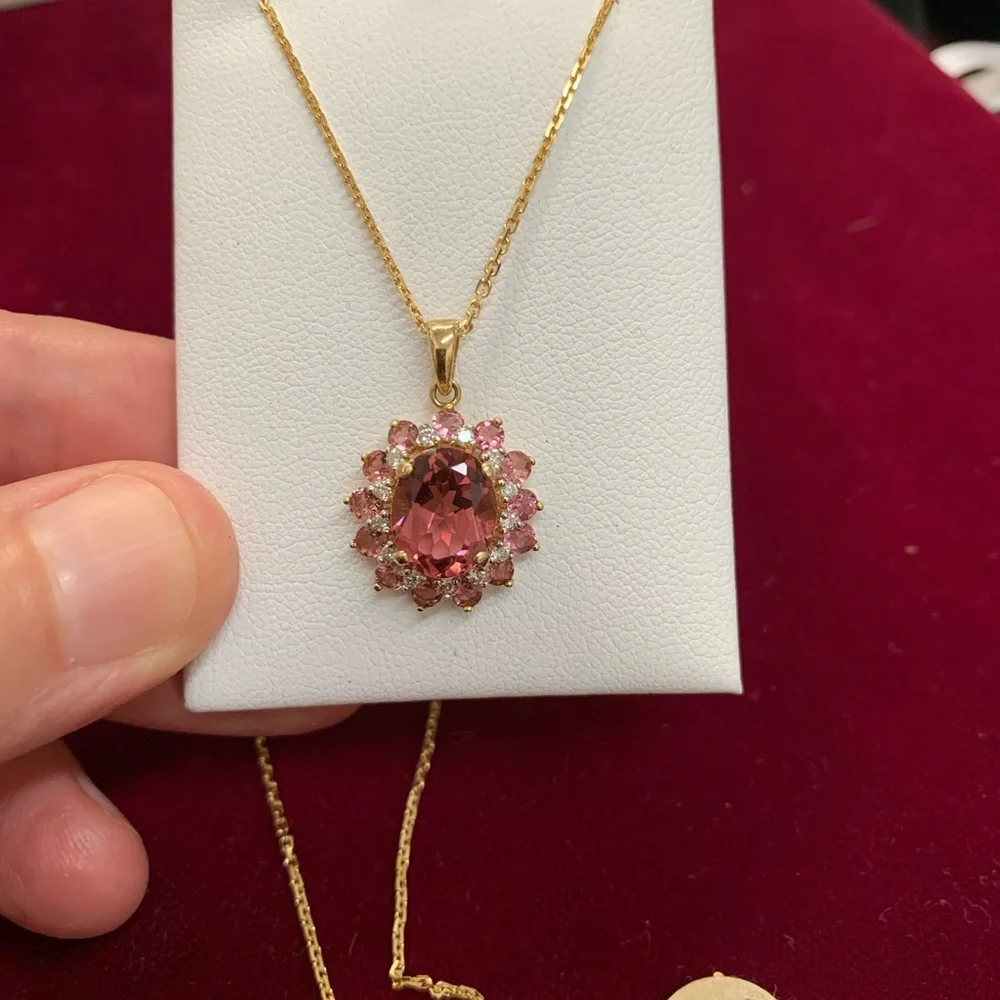 Pink Tourmaline & Diamond 14K YG SUNBURST Pendant w/ 18” Chain - Picture 9 of 10